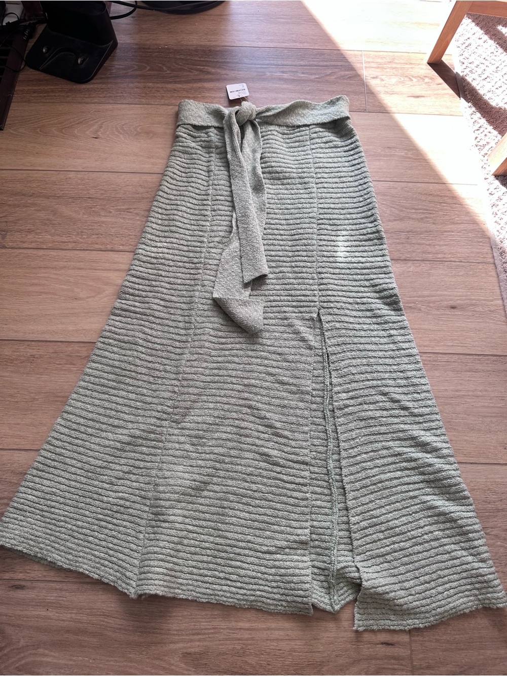 Free People Sage Green Ribbed Maxi Skirt with Waist Tie